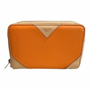 Celine Bi-fold Zipper Wallet : Compact Beige Orange Leather